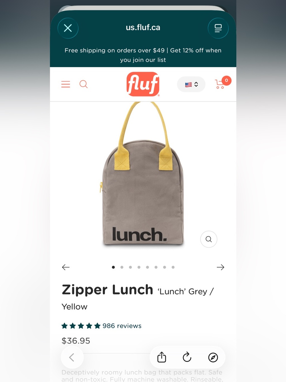 Zip Lunch Tote - Gray with Yellow Handles 12 by 11